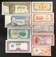 Cambogia CAMBODIA 9 Banconote Banknotes Da 0,5 A 2000 Riels Lotto.4730 - Cambodge
