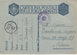 1942. Cartolina Postale Da COMANDO DI MARINA OLBIA Per Milano - 1939-45