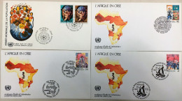 LOT DE 4 ENV FIRST DAY UNITED NATIONS ANNEES 74-86 L'AFRIQUE EN CRISE 5 TIMBRES OBLITERES AU TOTAL - Colecciones & Series