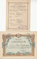 LYCEE LAMARTINE PARIS 9e PRIX TABLEAU D'HONNEUR + 2 BILLETS D'HONNEUR 1941 - Diplomas Y Calificaciones Escolares