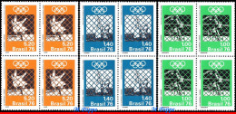 Ref. BR-1435-37-Q BRAZIL 1976 - OLYMPIC GAMES, MONTREAL,BASKETBALL, MI# 1192-94, BLOCKS MNH, SPORTS 12V Sc# 1435-1437 - Blocs-feuillets