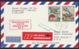 1987, Interflug, First Flight Card, Ceskoslovensko-Singapore-Berlin, Feeder Mail - Luchtpost