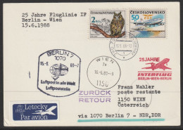 1988, Interflug, Special Flight Card, Ceskoslovensko-Wien Retour, Zuleitungspost - Luchtpost