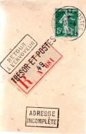 FRANCE / FRAGMENT DE RECOMMANDE DU BUREAU TRESOR ET POSTE N° 49 RETOUR A L'ENVOYEUR ADRESSE INCOMPLETE - Guerre De 1914-18