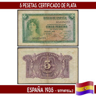 B1009# España 1935. 5 Pts. Certificado De Plata (F) WPM#P85a.2 - 5 Peseten