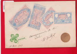 CPA 1903 Représentation Monnaie Billets Français Et Pièce 10 Francs Or Gaufrée Dorée Trèfle 4 Feuilles Bonheur - Monnaies (représentations)