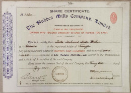 BRITISH INDIA 1920 THE NUDDEA MILLS COMPANY LIMITED.....SHARE CERTIFICATE - Textile