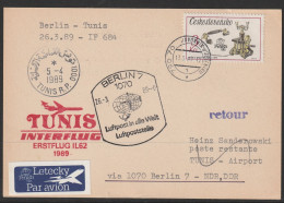 1989, Interflug, First Flight Card, Javornik-Tunis, Feeder Mail - Poste Aérienne