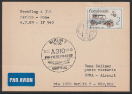 1989, Interflug, First Flight Card, Javornik-Roma, Feeder Mail - Airmail