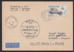 1989, Interflug, First Flight Card, Javornik-Larnaca, Feeder Mail - Airmail