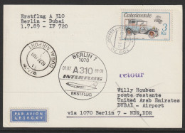 1989, Interflug, First Flight Card, Javornik-Dubai, Feeder Mail - Luchtpost