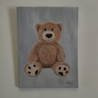 TABLEAU NOUNOURS OURS OURSON Peluche Peinture Acrylique Sur Toile Signé N.Petry - Acrylic Resins