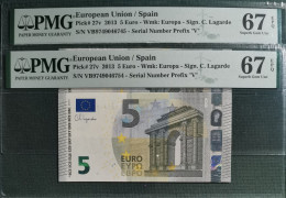 5 EURO SPAIN 2013 LAGARDE V014B3 VB SC FDS CORRELATIVE COUPLE RADAR 2 UNC. PMG 67/67 EPQ PERFECT - 5 Euro