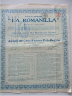 Société Anonyme La Romanilla - Tournai - Action De Cent Francs Privilégiée - 1920 - Mines