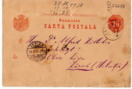 68078 - Rumänien - 1885 - 10B GAKte Gezaehnt VASLUI -> ZUERICH (Schweiz) - Cartas & Documentos