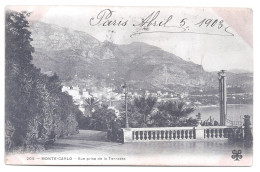 Antigua Postal Postcard “Vue Prise De La Terrasse – Montecarlo” – Mónaco – Usada Con 3 Estampillas Valiosas Y Franqueo - Terraces