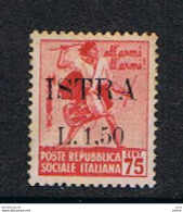 OCCUPAZ. JUGOSLAVA  DELL' ISTRIA:  1945  SOPRASTAMPATO  -  £.1,5/75 C. ROSA  CARMINIO  N. -  COR. CAPOVOLTA  -  SASS. 28 - Yugoslavian Occ.: Istria