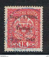 TRENTINO - ALTO  ADIGE:  1918  SOPRASTAMPATO  -  1K. ROSA  GIALLO US. -  SASS. 15 - Occupazione Austriaca