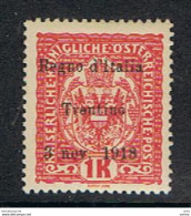 TRENTINO - ALTO  ADIGE:  1918  SOPRASTAMPATO  -  1K. ROSA  GIALLO  N. -  G. OLIVA  -  SASS. 15  -  BBB - Occupazione Austriaca