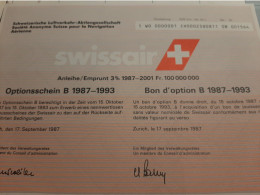 SWISSAIR - SA Suisse Pour La Navigation Aérienne -  Emprunt 3 % 1987-1993 - Bon D'Option B - Zurich Sept. 1987. - Aviation