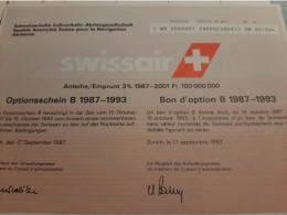 SWISSAIR - SA Suisse Pour La Navigation Aérienne -  Emprunt 3 % 1987-1993 - Bon D'Option B - Zurich Sept. 1987. - Fliegerei