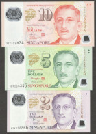 Set 3 Pcs Singapore 2 5 10 Dollars Polymer Random Year UNC - Singapore