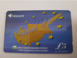 CYPRUS  Phonecard  5 POUND/ MARCH 98/ EUROPEAN UNION/ ISLAND MAP/ GPT / 29CYPA    ** 14997 ** - Chipre