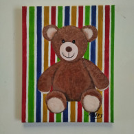 TABLEAU NOUNOURS OURS OURSON Peluche Peinture Acrylique Sur Toile Signé N.Petry - Acryliques