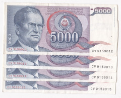 Yougoslavie 4 Billets 5000 Dinara 1985 , Numéro Qui Se Suive, CV 9159012 – 91599013 – 9159014 – 9159015,  TTB+ - Joegoslavië