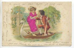 CPA Romantique Gaufrée Illustrateur - Fille Et Garçon - Bateau En Forme De Cygne - Robe En Tissus Rouge - 1900-1949