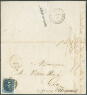 N°7 - Médaillon 20 Centimes Bleu, Un Peu Effleuré à Droite Sinon TB Margé, Obl. P.24 Sur Lettre De BRUXELLES Le 26 Juin - 1851-1857 Medallions (6/8)