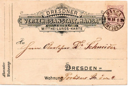 69220 - Deutsches Reich / Privatpost / Hansa Dresden - 1889 - 3Pfg GAKte HANSA DRESDEN - Private & Local Mails