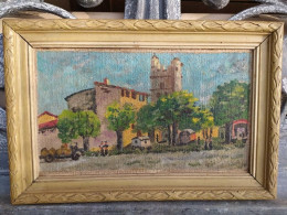 Tableau Peinture Naïve Village Roulottes Signé Marcel Legeay Début XXème - Oleo