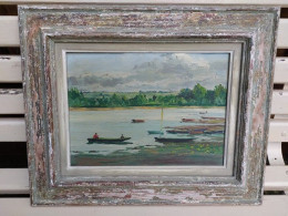 Tableau Ancien Paysage Lacustre Barques Pêcheurs Sur Un Lac Cadre Montparnasse - Oelbilder