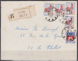 Coq De Decaris 25c La Paire + 2  Le 8 4 1965 + Blason Paris 30c Sur Lettre Recodée De 61 AUBE Pour 88 LE THILLOT - 1962-1965 Coq De Decaris