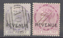 Dominica Revenue Used (wmk Crown CC) 1p, 1s Revenue Stamps - Dominica (...-1978)