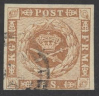 Denmark Sc# 7 Used 1858-1862 4s Yellow Brown Wavy Lines In Spandrels - Gebruikt