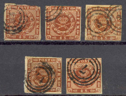 Denmark Sc# 7a Used Lot/5 1858-1862 4s Brown Wavy Lines In Spandrels - Used Stamps