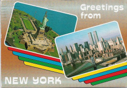 CPSM. GREETINGS FROM NEW YORK. 2 VUES. STATUE DE LKA LIBERTE. WORLD TRADE CENTER.  TIMBRES WYOMING. - World Trade Center