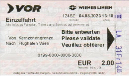 Biglietto  -  Metropolitana AUSTRIA  -  Vienna - Validità  Ore 1  -  Anno  2023. / Stock 107 - Europe