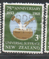 NEW ZEALAND NUOVA ZELANDA 1968 UNIVERSAL SUFFRAGE HUMAN RIGHTS 3p USED USATO OBLITERE' - Oblitérés