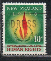 NEW ZEALAND NUOVA ZELANDA 1968 UNIVERSAL SUFFRAGE HUMAN RIGHTS FLAME 10p USED USATO OBLITERE' - Usados