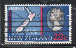 NEW ZEALAND NUOVA ZELANDA 1969 CAPTAIN COOK LANDING CHART QUEEN ELIZABETH II MAP 28c USED USATO OBLITERE' - Oblitérés