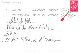 Variété Sur Lettre N° Yvert 3743h Rouge, 3 Bandes 2 à Gauche 1 à Droite, Oblitération Toshiba MTP 19-01-09 - Cartas & Documentos