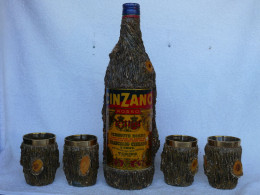 Vintage CINZANO Rosso Bottle And 4 Cups Wood Looking Set REAR #1329 - Licor Espirituoso