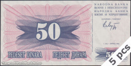 DWN - BOSNIA HERZEGOVINA P.12a - 50 Dinara 1992 UNC Various Prefixes DEALERS LOT X 5 - Bosnie-Herzegovine