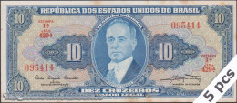 DWN - BRAZIL P.167a - 10 Cruzeiros ND (1961-1963) XF+ Various Prefixes DEALERS LOT X 5 - Brésil