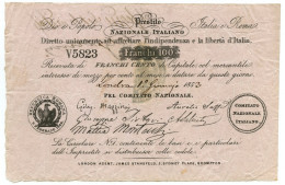 100 FRANCHI PRESTITO NAZIONALE ITALIANO MAZZINI 01/01/1853 BB+ - Sonstige & Ohne Zuordnung