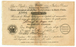 25 FRANCHI PRESTITO NAZIONALE ITALIANO MAZZINI 16/06/1851 BB+ - Altri & Non Classificati