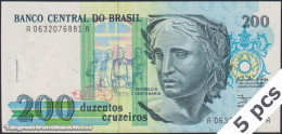 DWN - BRAZIL P.229 - 200 Cruzeiros ND (1990-1991) UNC Various Prefixes DEALERS LOT X 5 - Brésil